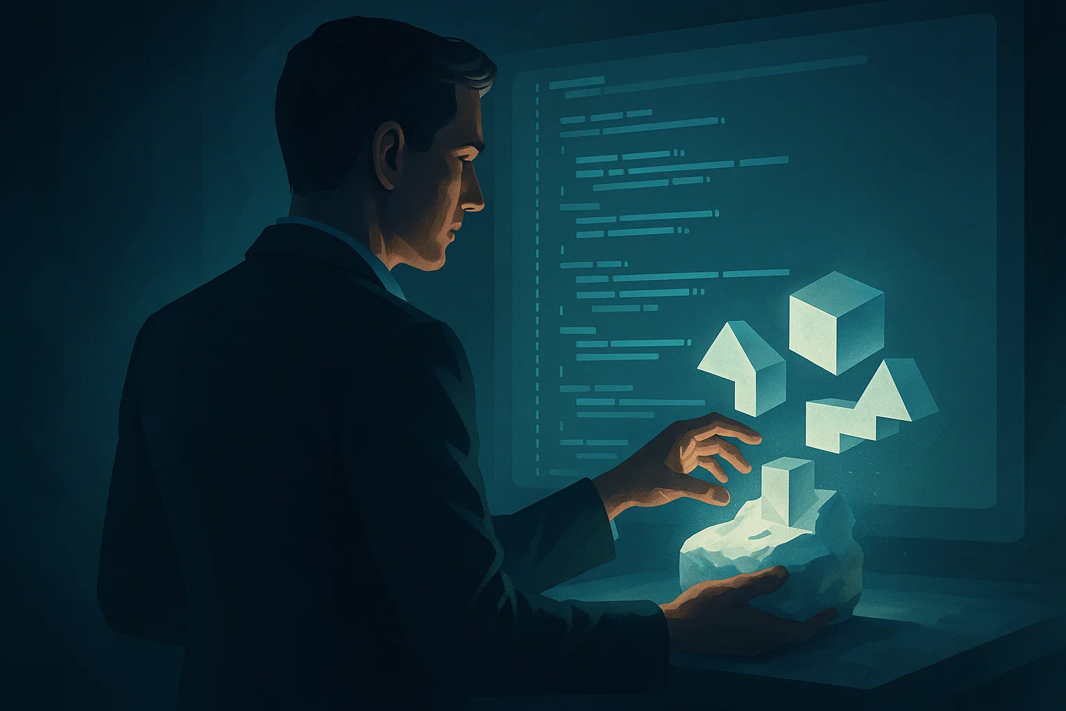 Homem agindo com profissionalismo e interagindo com dados digitais.