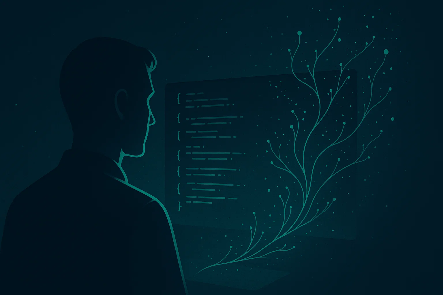 Programador contemplando código e criatividade.